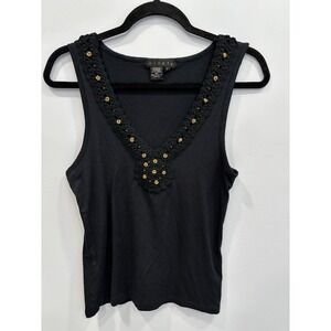 Ninety Black Beaded Crochet Trim Tank Top Size L Boho Y2K Stretch Knit